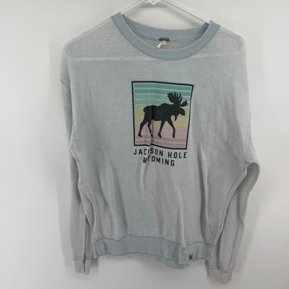 Techstyles Jackson Hole Wyoming Moose Graphic Crewneck Sweatshirt Light Blue SM